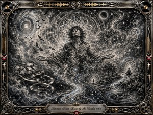 A serene figure dissolves into a vast charcoal dreamscape of spiraling galaxies, flowing tape loops, feathers, stars, and rippling pathways. Deep blacks, silvery grays, and faint blue highlights create a hypnotic, meditative mood. An ornate chrome-and-gold musical frame surrounds the scene, accented with red lips and an engraved title plate.