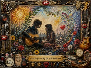 A vibrant impressionist scene shows a couple sharing music in a dreamlike garden cityscape, surrounded by flowers, swirling notes, and warm romantic energy. The textured painting blends rich blues, golds, reds, and earthy tones, framed by an ornate rock-and-roll collage of instruments, records, and memorabilia under dramatic glowing light.