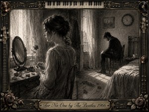 A charcoal-toned bedroom captures the quiet end of a relationship, with a distant woman at a sunlit vanity and a grieving man seated in shadow. Soft window light, wilted roses, scattered petals, muted grays, and textured shading create a restrained melancholy, framed by elegant piano keys, strings, musical notes, and engraved ornamentation.