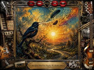 A richly textured rock-inspired artwork shows a dark blue singing bird perched against a glowing sunset landscape, surrounded by swirling musical notes and feathers. The ornate metallic frame blends guitars, records, microphones, and vintage concert elements with gold accents. Deep blues, warm oranges, and dramatic lighting create a nostalgic, dreamlike Beatles atmosphere.