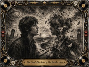 A deep charcoal dreamscape shows two figures facing each other, one sharply defined and the other dissolving into layered faces, smoke, and drifting feathers. A winding piano-key path crosses the surreal twilight landscape beneath swirling skies. Chrome, gold filigree, vinyl records, red lips, microphones, and musical details form an ornate psychedelic frame.