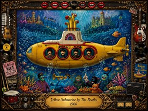 A vibrant psychedelic underwater scene features a cheerful yellow submarine surrounded by colorful sea creatures, coral, and whimsical figures. The richly detailed composition glows with deep blues, golds, and rainbow hues, framed by ornate rock-inspired decorations with musical elements. The artwork blends surreal fantasy, 1960s poster style, and intricate mixed-media textures.