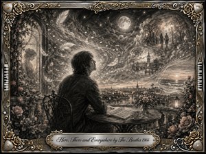 A solitary figure sits on a moonlit garden terrace, surrounded by roses, drifting feathers, musical notes, and dreamlike scenes of love and distant places. Deep charcoal textures, silvery grays, warm gold accents, and soft glowing lights create a romantic, contemplative atmosphere, framed by ornate musical motifs and elegant engraved lettering.