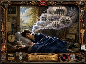A dreamlike bedroom scene portrays a sleeping figure surrounded by Beatles memories and musical artifacts. Soft thought bubbles drift upward, revealing nostalgic band imagery, while ornate gold and chrome details frame the composition. Deep blues, warm browns, and gentle moonlit tones create a peaceful, surreal atmosphere with rich vintage painterly textures.