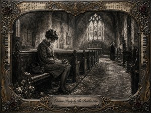 A solitary woman sits bowed in an empty Gothic church while a distant priest stands near the altar, deepening the sense of loneliness and quiet sorrow. Feathered charcoal textures, smoky shadows, pale window light, scattered petals, and vacant pews create a haunting composition, enclosed by an ornate antique musical frame with gold accents.
