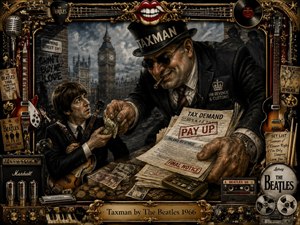 A richly textured dark artwork portrays a stern tax collector confronting a musician in a stormy London setting, with Big Ben looming behind. The dramatic composition blends charcoal-like shadows, metallic gold accents, and vintage Beatles memorabilia, framed by guitars, records, and instruments. The mood is tense, satirical, and theatrical.