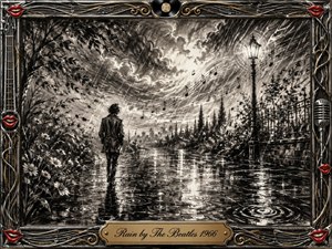 A solitary figure walks through a rain-soaked garden street beneath swirling storm clouds, surrounded by shimmering puddles, windblown foliage, and floating musical notes. Deep charcoal textures create a reflective, dreamlike mood, while silver, gold, and vivid red accents enliven the ornate music-themed frame, softly illuminated by a glowing lamppost.