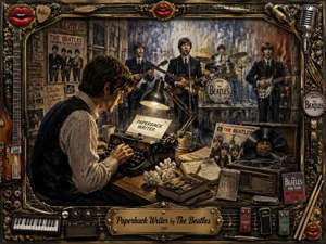 A richly textured vintage mixed-media artwork shows a 1960s writer composing at a desk while The Beatles perform in the background. Warm bronze, gold, and deep earth tones create a nostalgic atmosphere, with dramatic studio lighting highlighting guitars, records, posters, and musical memorabilia. An ornate frame and engraved title plaque complete the classic rock-inspired composition.