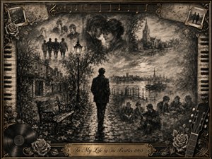 A solitary figure walks a cobblestone waterfront path surrounded by fading memories of friends, love, homes, and music. Deep charcoal textures, warm sepia tones, soft mist, and glowing highlights create a reflective, bittersweet mood. An ornate gold-accented frame features roses, piano keys, vinyl, guitar details, and an engraved title plate.