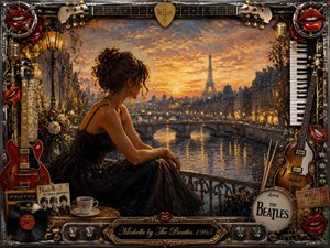 A romantic impressionistic portrait shows a woman in a black dress overlooking Paris at sunset, with the Eiffel Tower, river, and glowing cityscape beyond. Rich gold and amber light fills the scene, surrounded by an ornate musical frame of guitars, piano keys, vinyl, microphones, and Beatles-inspired details in a textured painterly style.