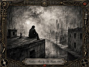 A solitary man sits on a crumbling rooftop overlooking a fog-shrouded, nearly empty city, conveying isolation and quiet reflection. Deep charcoal blacks, smoky grays, and pale light create a haunting noir atmosphere. An ornate gold-and-chrome music-themed frame, decorated with strings, records, microphones, and red lips, surrounds the textured artwork.