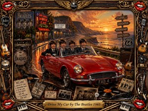 A vibrant retro rock-and-roll scene shows a red convertible carrying Beatles-inspired musicians along a glowing coastal highway at sunset. The richly detailed oil painting features chrome accents, guitars, records, neon signs, and vintage memorabilia within an ornate musical frame. Warm orange light, deep textures, and nostalgic colors create a joyful 1960s atmosphere.