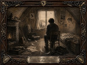 A solitary figure sits in a wood-paneled attic room, gazing toward a pale window as feathers drift across worn floorboards. Deep charcoal textures, sepia browns, and muted gold create a wistful, mysterious mood. An acoustic guitar, rumpled bed, faint female apparition, fireplace glow, ornate musical frame, and engraved title plate enrich the nostalgic composition.