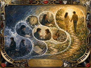 A richly textured gouache scene traces a couples journey from conflict to reconciliation through glowing feather-edged bubbles arranged in an S-curve. Cool stormy blues gradually shift into warm golds as distance becomes understanding. Ornate chrome-and-gold musical framing, piano keys, microphones, guitar picks, notes, and the engraved title plate complete the nostalgic composition.