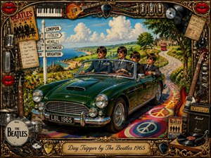 A vibrant retro-inspired scene shows The Beatles cruising in a classic convertible along a colorful coastal countryside road, capturing the adventurous energy of Day Tripper. The composition blends psychedelic patterns, musical memorabilia, guitars, records, and ornate chrome-gold framing. Bright sunlight, rich blues, greens, and reds create a lively 1960s artistic atmosphere.
