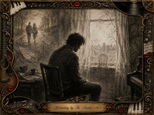 A solitary man sits quietly beside a pale window, surrounded by drifting sheet music, an empty chair, and a ghostlike memory of a couple walking away. Deep charcoal and sepia textures create a wistful, intimate mood, while soft daylight contrasts with shadow. An ornate musical frame adds gold details, instruments, records, and red lips.