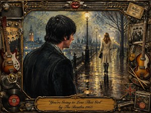 A vintage rock-inspired painting shows a young man watching a distant woman on a rainy London street, capturing longing and emotional tension. The composition blends dark blues, warm golden reflections, and dramatic lamplight in an impressionistic style. A richly detailed music-themed frame surrounds the scene with guitars, records, and engraved Beatles memorabilia.