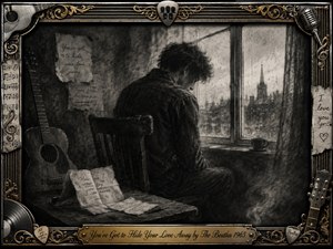 A solitary young man sits hunched beside a rain-streaked window, surrounded by handwritten notes and an acoustic guitar. Deep charcoal blacks, smoky grays, and pale highlights create a sorrowful, secretive mood. Ornate gold-and-chrome musical framing, sheet music, vinyl details, and the engraved title plate complete the nostalgic composition.