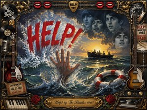 A dramatic vintage rock-inspired scene shows a hand reaching through stormy ocean waves beneath a bold red HELP! message. Dark clouds, golden light, and distant figures create an emotional rescue atmosphere. A richly detailed gold-and-black musical frame surrounds the painting with guitars, records, microphones, and concert memorabilia in a textured collage style.