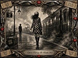 A solitary woman in a checkered coat walks along a smoky railway platform toward a waiting train, while a distant figure lingers behind. Deep charcoal textures, wet reflections, and muted gray light create a bittersweet sense of departure. An ornate chrome-and-gold musical frame, red lips, tickets, records, and engraved title plate complete the vintage composition.