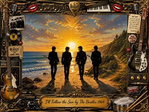 An ornate vintage rock poster frames four silhouetted musicians walking toward a glowing seaside sunset, symbolizing hope and change. Golden light reflects across the ocean and sand, while guitars, records, microphones, and music memorabilia decorate the elaborate border. The artwork blends nostalgic 1960s concert aesthetics with rich textures, warm colors, and dramatic composition.