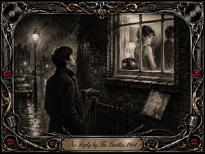 A solitary young man stands in a rain-soaked 1960s street, staring toward a softly lit window where a woman turns away beside another figure and an unanswered rotary telephone. Deep feathered charcoal textures, glowing streetlights, wet reflections, and smoky shadows create heartbreak and isolation, framed by ornate chrome, gold, musical details, and red lips.