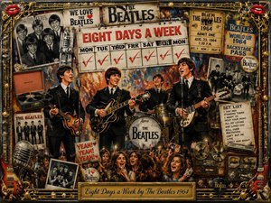A vibrant vintage pop-art collage portrays The Beatles performing on stage, surrounded by concert memorabilia, instruments, posters, records, and cheering fans. Rich reds, golds, blacks, and metallic textures create a nostalgic 1960s atmosphere, while dramatic lighting highlights the energetic band scene. An ornate music-themed frame and engraved title plate complete the artwork.