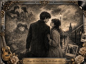 A young couple shares a tender farewell on a rain-slicked railway platform, surrounded by ghostlike memories of happier moments. Deep feathered charcoal and sepia textures create a wistful, nostalgic mood, illuminated by soft lamplight. An ornate gold-and-chrome frame features guitars, roses, records, photographs, musical motifs, and an engraved title plate.