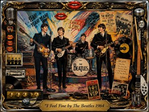 A vibrant vintage rock collage shows The Beatles performing on a colorful stage surrounded by guitars, drums, records, microphones, and music memorabilia. Chrome and gold framing enrich the composition, while bold reds, blues, and warm stage lights create energetic 1960s excitement. The artwork blends pop art, mixed media, and nostalgic concert atmosphere.