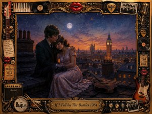 A romantic couple embraces on a London rooftop beneath a glowing twilight sky, surrounded by city lights and a moonlit atmosphere. The richly textured painting blends warm golds, deep blues, and soft purples, framed by ornate music-themed details including guitars, records, microphones, and memorabilia, creating a nostalgic, heartfelt 1964 Beatles-inspired composition.