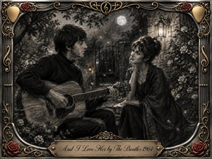 A young guitarist serenades a woman in a moonlit rose garden, creating a tender, intimate mood. Deep feathered charcoal textures shape the figures, foliage, wrought-iron gate, and glowing lantern. An ornate chrome-and-gold frame with roses, guitar strings, picks, and musical flourishes surrounds the romantic composition and engraved title plate.