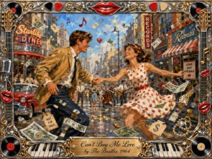 A joyful young couple dances through a bustling 1960s city street as money, coins, and price tags swirl around them, emphasizing love over wealth. Warm reds, creams, gold, and blue glow beneath bright daylight. Expressive painterly textures, vintage storefronts, musicians, records, and an ornate chrome-and-gold musical frame create lively romantic nostalgia.