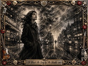 A windswept young woman stands on a rain-slicked city street, gazing hopefully toward a luminous distance as swirling musical notes and charcoal textures animate the night. Deep blacks, smoky grays, and glowing highlights create dramatic warmth. An ornate gold-and-chrome musical frame, red lips, guitars, and an engraved title plate complete the nostalgic scene.