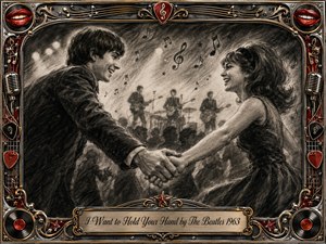 A joyful young couple clasp hands at the heart of a lively 1960s dance scene, smiling beneath glowing stage lights as musicians blur behind them. Deep feathered charcoal creates smoky grays and dramatic shadows, while an ornate chrome-and-gold frame adds red lips, records, microphones, guitar picks, stars, and musical flourishes.