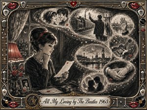 A young woman reads a heartfelt letter beside a softly glowing window, surrounded by feathered charcoal memories flowing in an elegant S-curve. Romantic scenes of travel, music, clasped hands, and city lights create a tender, nostalgic mood. Deep charcoal textures, crimson accents, warm highlights, and an ornate musical frame complete the vintage composition.