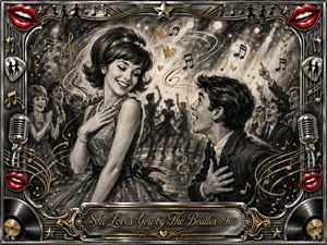 A joyful 1960s couple celebrates young love amid a lively dance-floor crowd, rendered in deep feathered charcoal with smoky highlights and energetic motion. Gold hearts, musical notes, and swirling lines brighten the monochrome scene, while red lips, chrome microphones, records, and ornate metallic details frame the exuberant romantic composition.
