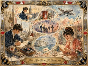 A luminous watercolor scene traces an affectionate message through softly feathered S-curves, linking a young letter writer, London landmarks, music, travel, and a smiling recipient. Warm creams, blues, coral reds, and gold create a nostalgic 1960s mood, framed by ornate chrome, musical motifs, red lips, and an engraved title plate.