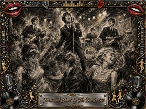 A jubilant 1960s rock-and-roll performance erupts inside a crowded dance hall, with suited musicians, guitars, drums, and a vintage microphone surrounded by twisting dancers. Deep feathered charcoal textures create smoky motion and dramatic contrast, accented by warm gold lighting, red lips, chrome ornament, vinyl records, musical symbols, and an engraved title plate.