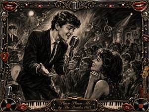 A joyful young singer leans toward an adoring crowd in a lively 1960s club, rendered in richly feathered charcoal with smoky sepia tones and selective red accents. Swirling musical notes, vintage stage lighting, and animated faces create romantic energy, while an ornate gold-and-chrome musical frame surrounds the scene with records, instruments, piano keys, and smiling lips.