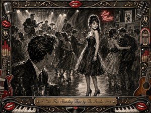 A stylish young woman stands at the heart of a lively 1960s dance club as an admiring man notices her across the crowded floor. Deep charcoal textures, smoky shadows, glowing stage lights, and selective red accents create romantic energy. An ornate music-themed frame surrounds the scene with guitars, lips, records, and gold details.