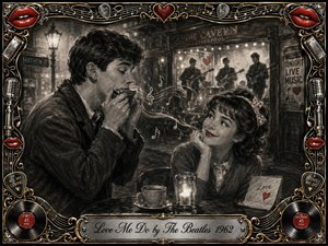 A young man plays harmonica to a smiling woman outside a nostalgic Liverpool music club, while a shadowy band performs behind them. Deep feathered charcoal textures, warm lamplight, smoky highlights, red lips, hearts, and metallic gold accents create romantic vintage charm. An ornate musical frame surrounds the tender, playful 1960s scene.
