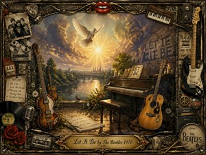 An ornate tribute artwork inspired by Let It Be features a peaceful riverside landscape with a glowing sunrise, white dove, piano, guitars, and musical memorabilia. The rich vintage frame combines gold, chrome, and rock imagery, creating a warm, nostalgic mood. Detailed textures, soft light, and painterly realism evoke hope, serenity, and timeless music.