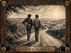 Two companions walk side by side along a winding country road, one carrying an acoustic guitar, beneath a softly glowing sunset. Deep charcoal textures, warm sepia tones, rolling fields, distant hills, and flying birds create a nostalgic, peaceful mood. An ornate wood-and-gold musical frame surrounds the intimate, hand-drawn scene.