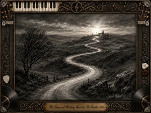 A deep charcoal landscape shows a pale winding road curving through rugged hills toward a distant glowing settlement beneath a stormy sky. A bare tree, rocky ground, fences, and soft horizon light create a wistful, contemplative mood. An ornate black-and-gold musical frame surrounds the scene with piano keys, strings, records, picks, and an engraved title plate.