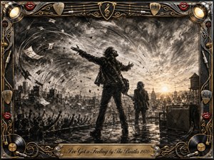 A dramatic charcoal rooftop performance unfolds above a sprawling city at sunrise, where two musicians channel raw exhilaration before a cheering crowd. Sweeping black-and-gray strokes, flying fragments, and luminous golden light create restless motion. An ornate chrome-and-gold musical frame, accented with records, cables, picks, and red lips, completes the composition.
