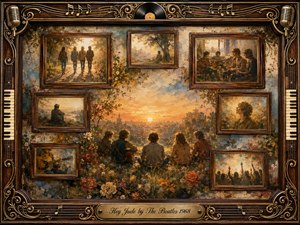 A nostalgic rosewood-framed collage surrounds a glowing sunset scene where friends sit together amid wildflowers, reflecting warmth, comfort, and shared memory. Smaller vintage portraits suggest musical companionship and fading moments. Rich gold, amber, blue, and earthy tones blend oil, acrylic, and watercolor textures, accented by ornate musical details and a brass title plate.