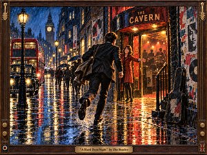 A rain-soaked 1960s London street glows with amber lamplight, red buses, black cabs, and shimmering reflections as a weary young man rushes toward a warmly lit music club. Energetic brushwork, deep blues, fiery oranges, vintage architecture, and a handcrafted wooden frame create urgency, romance, exhaustion, and joyful release.