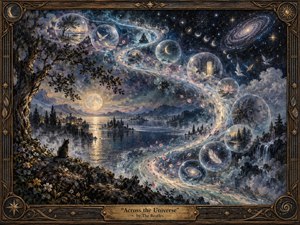 A moonlit cosmic landscape unfolds beneath a star-filled sky, where a luminous S-shaped river of light carries translucent memory bubbles through misty mountains and reflective water. Deep blues, violets, silver, and warm gold create a serene, dreamlike mood, enhanced by painterly textures, celestial details, drifting petals, and an ornate antique frame.