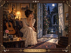 A contemplative woman in a lace dress sits beside a classical guitar in a warmly lit, vintage room opening onto a moonlit garden. Golden lamplight contrasts with cool blue night tones, creating intimate romantic stillness. Rich painterly textures, roses, carved furniture, flowing curtains, and an ornate musical frame deepen the nostalgic atmosphere.