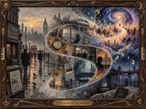 A rain-soaked London streetscape flows along a luminous S-curve from muted dawn into a vast cosmic night, blending commuters, clocks, trains, windows, drifting papers, and orchestral silhouettes. Textured oil-and-collage brushwork, smoky grays, amber light, deep blues, and violet stars create a reflective, surreal mood within an ornate carved musical frame.